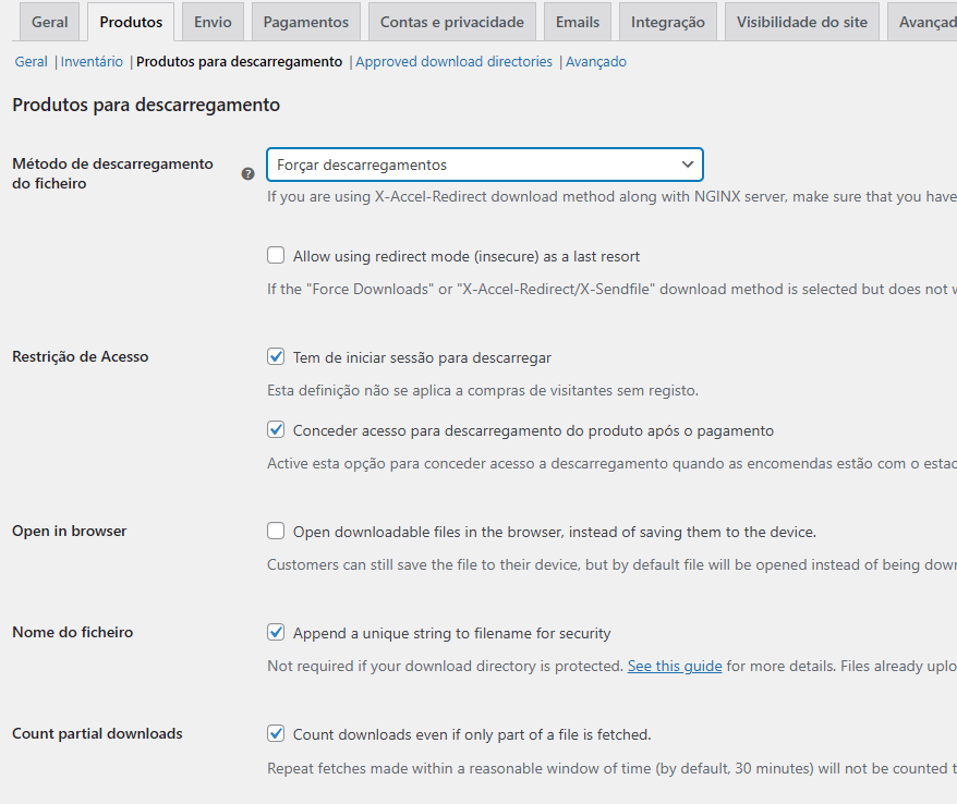 ativar downloads de produtos digitais no Woocommerce