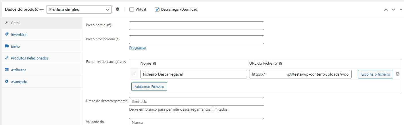 definir preço e atributos do produto digital no Woocomerce