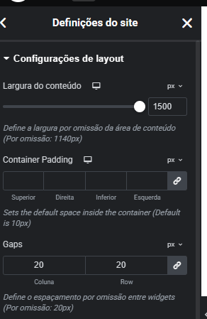 configurações do layout do elementor