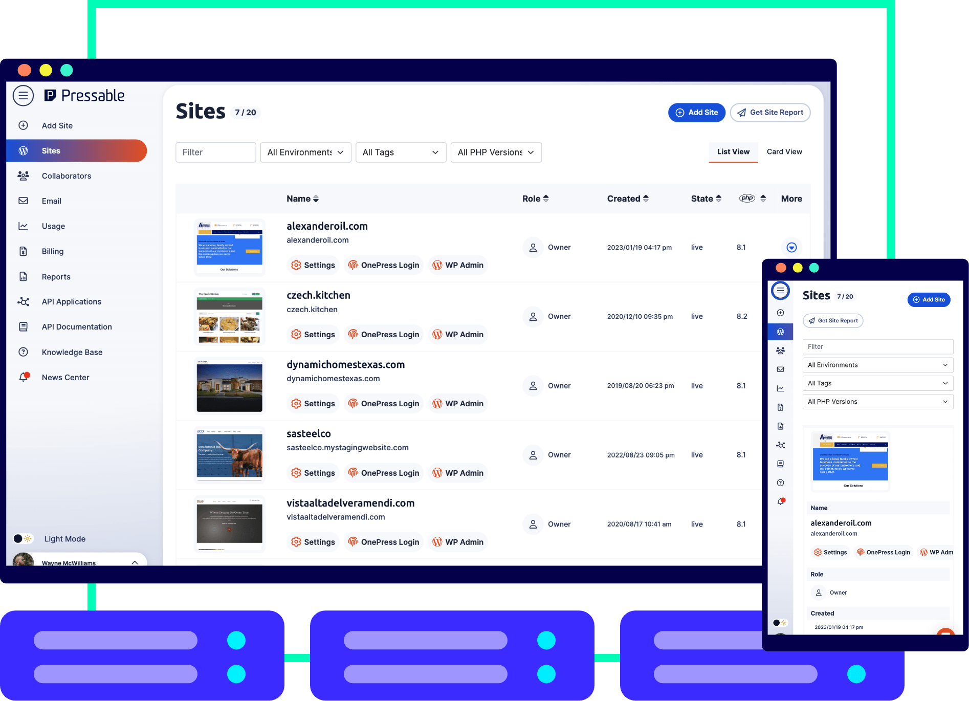 MyPressable dashboard on a laptop and a mobile device