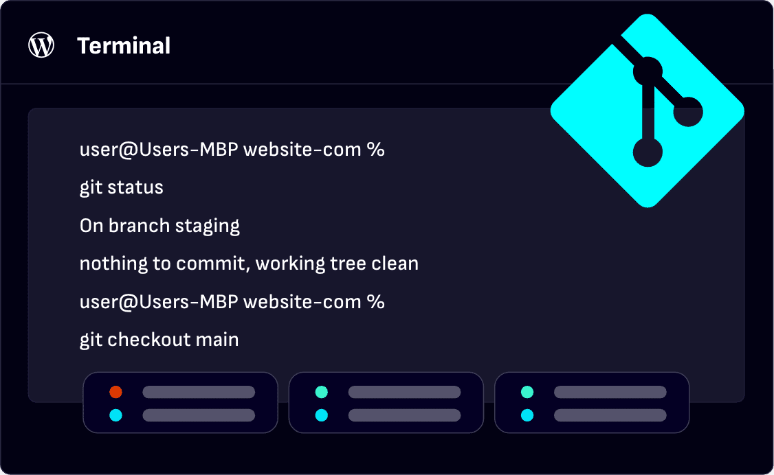 A terminal interface illustrating the developer tools available on Pressable managed hosting for WordPress.