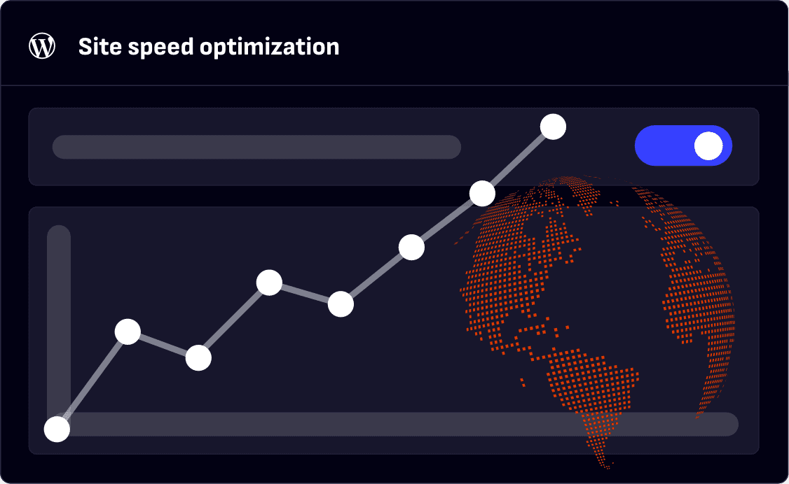 Illustration of an upward graph and a pixelated map of the globe to demonstrate website speed optimization.