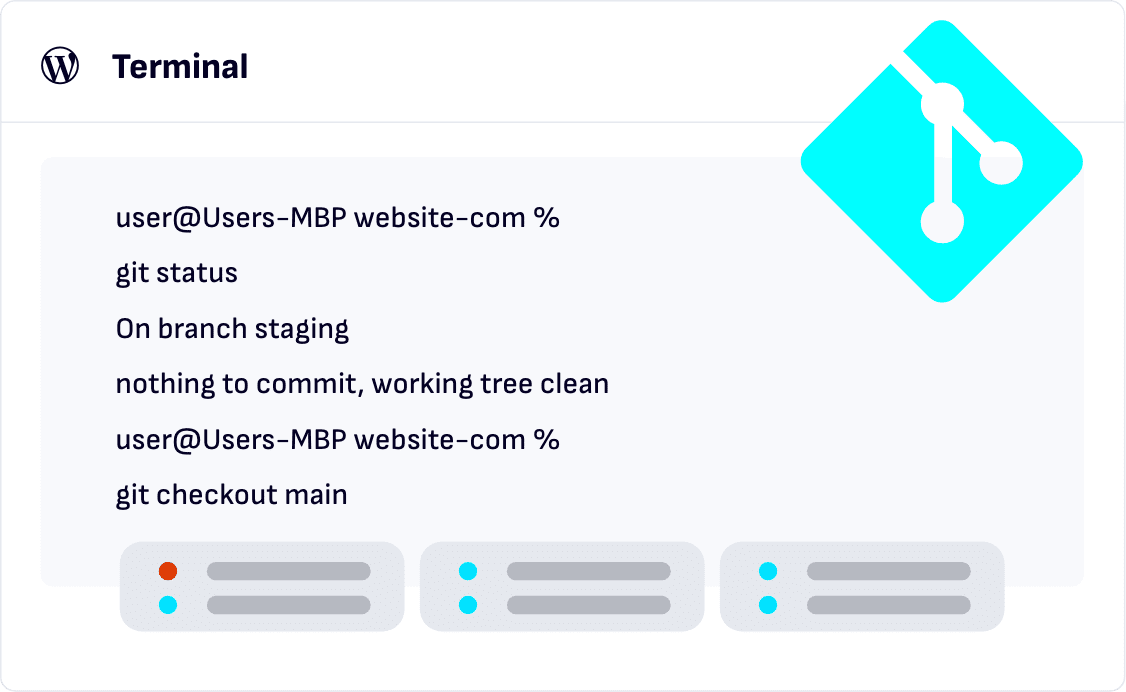 A terminal interface illustrating the developer tools available on Pressable managed hosting for WordPress.