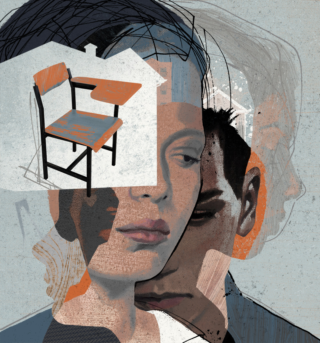 An illustration that has several faces looking sad and contemplative. There are also desks and houses representing homeless students on the illustration, too