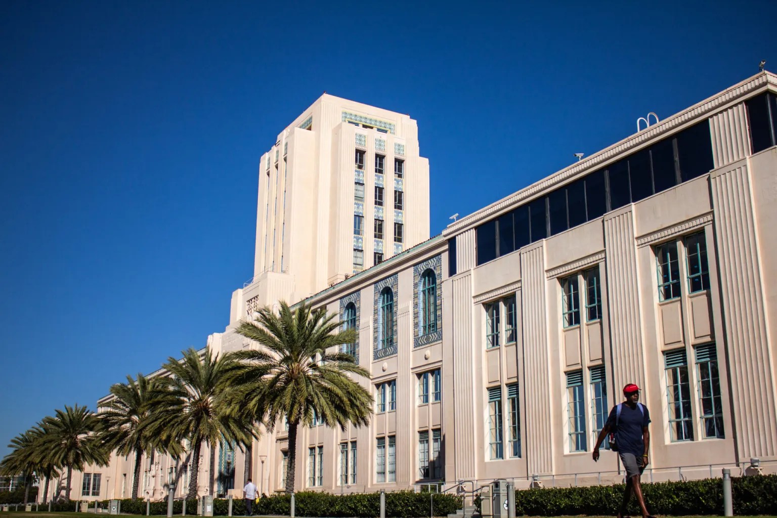 This shows the San Diego County administrative building. It is a long beige building with windows on the front. Palm trees grow in a line next to the building. A taller part of the building is in the center. A person wearing darn shorts, a dark t-shirt and a red visor walks by.
