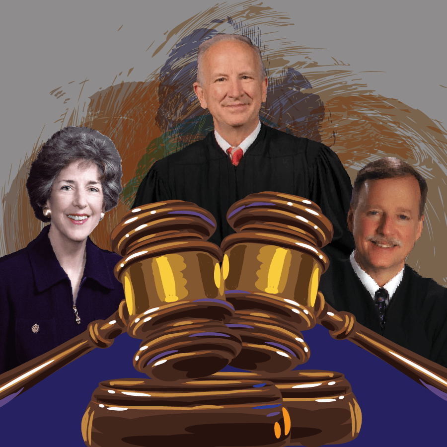 An illustration shows images of justices Paul Newby, Carol Corrigan and Scott Crichton displayed behind two gavels.