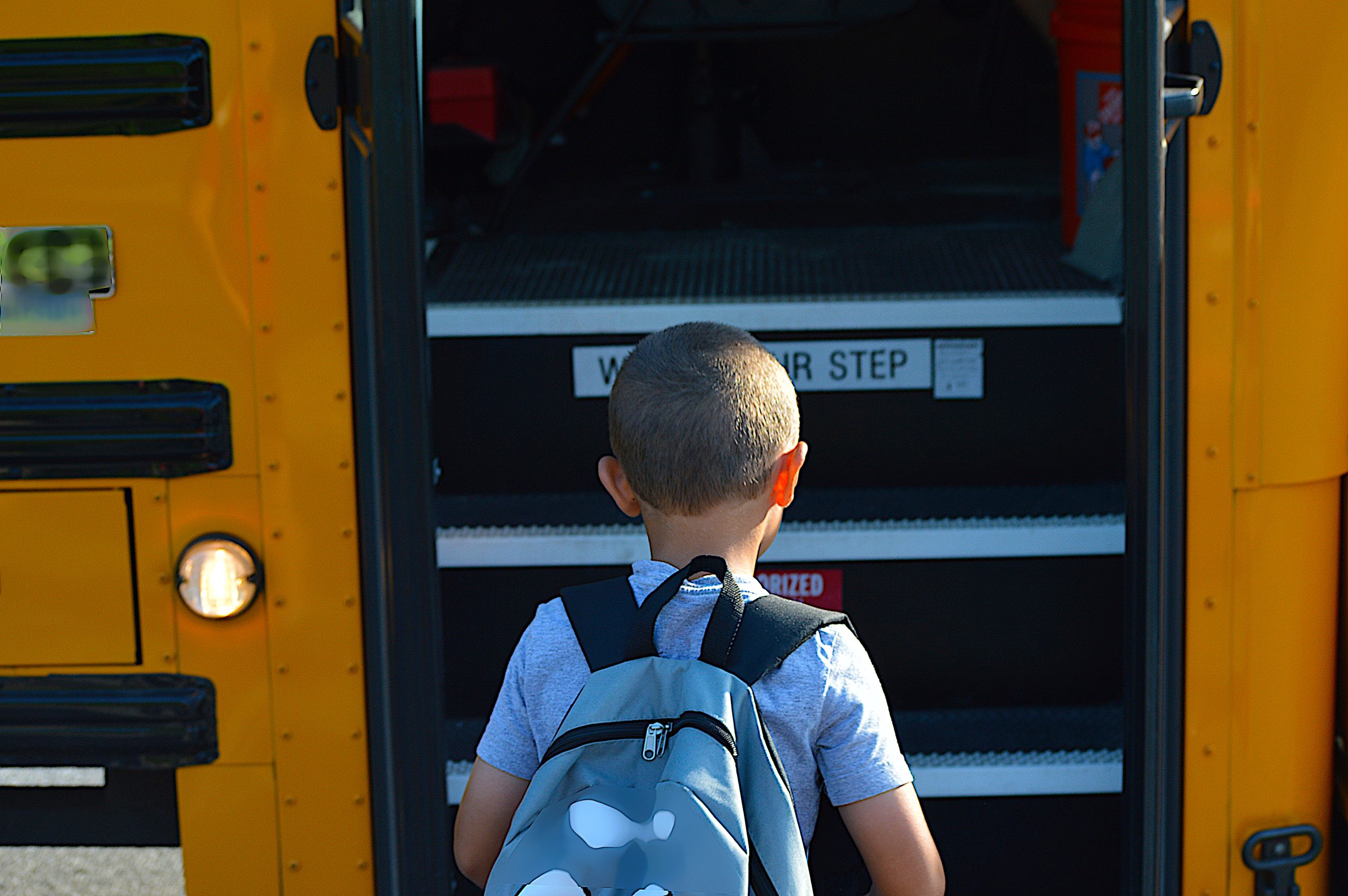 A child stands with their back to the viewer, in front of them are the steps leading into a school bus.