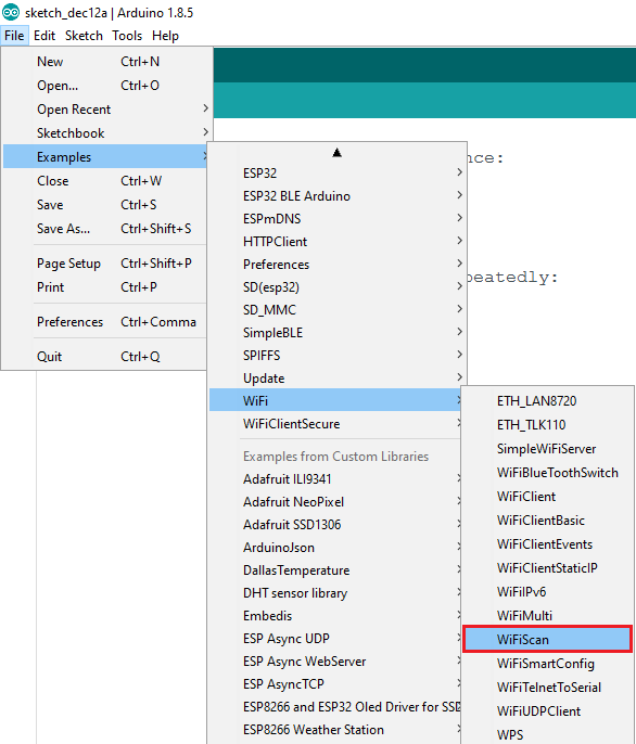 Arduino IDE open WiFiScan example for ESP32