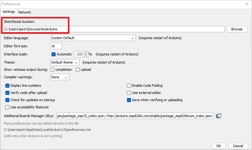 Arduino sketchbook location