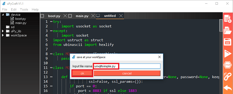 save new umqttsimple.py upycraft IDE
