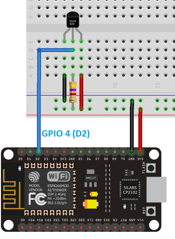 DS18B20 Temperature Sensor with ESP8266 Normal Mode Wiring Schematic Diagram