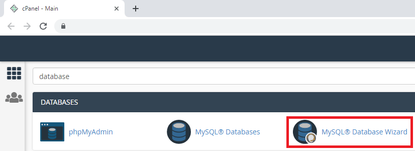 CPanel select MySQL database wizard to create db