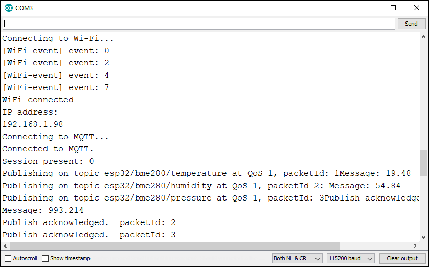 ESP32 Publish BME280 Sensor Readings MQTT Serial Monitor