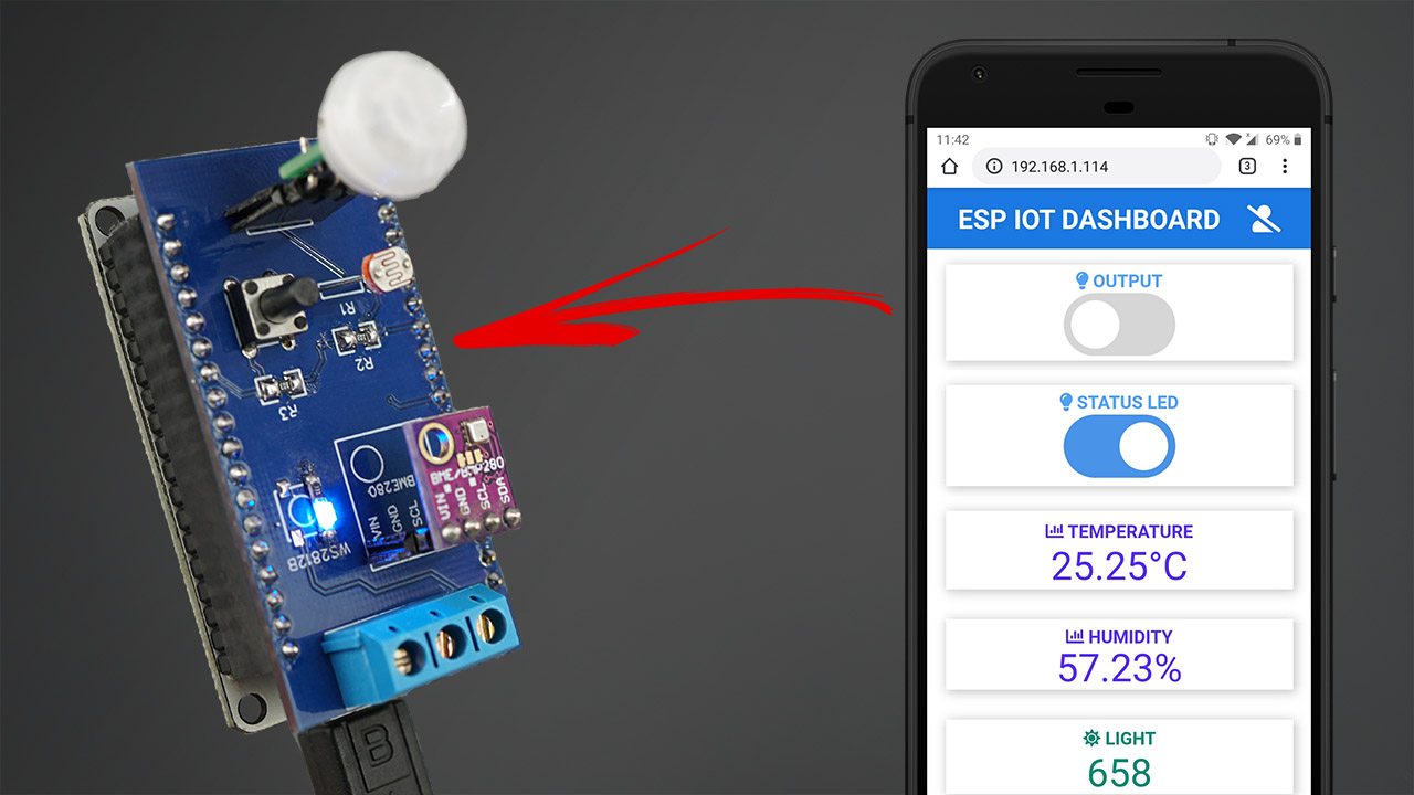 ESP32 IoT Shield PCB with Dashboard for Outputs and Sensors