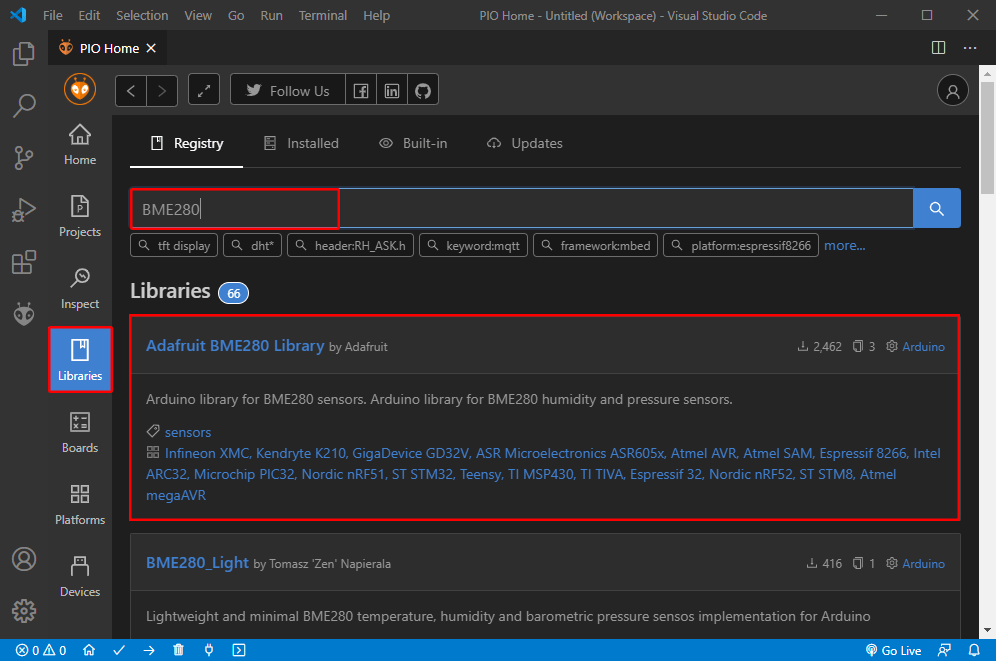 PlatformIO IDE extension VS Code Visual Studio Search for BME280 Library