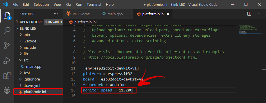 PlatformIO IDE extesion Change Serial Monitor Baud Rate 115200