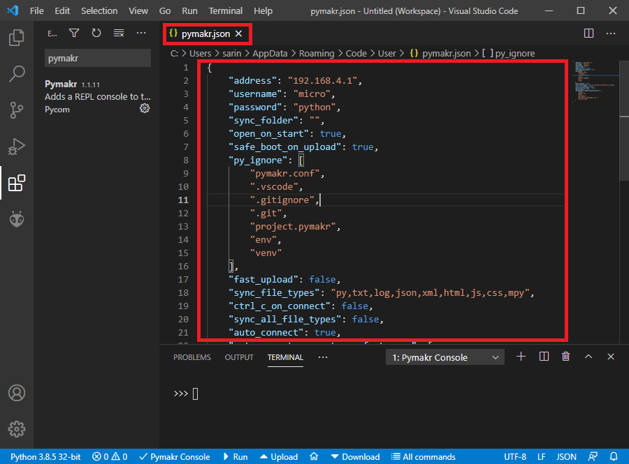 Connecting a MicroPython Device to Pymakr pymark.json config file