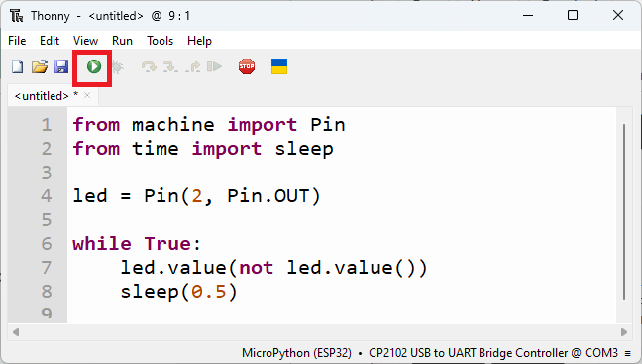 Blink LED script on Thonny IDE with run button highlighted