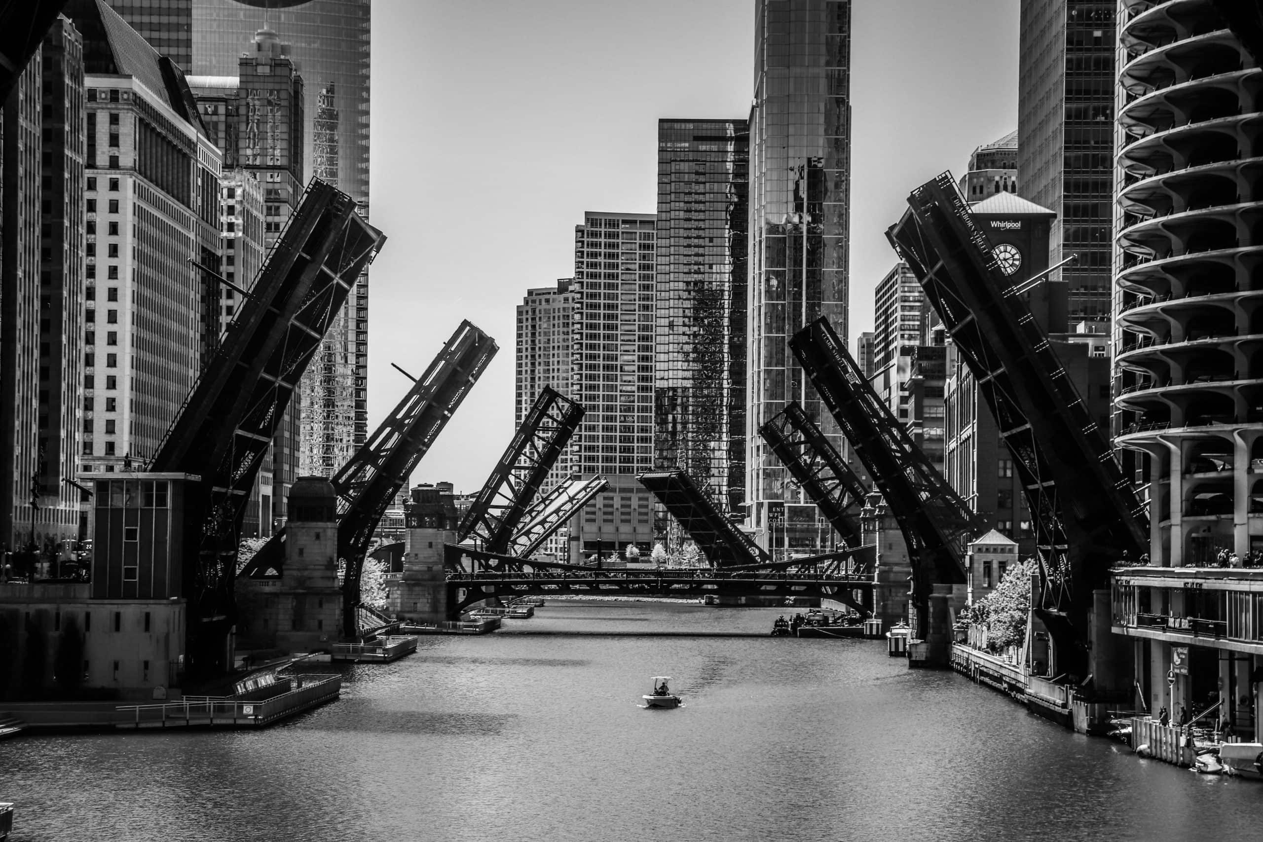 Chicago Photography | black and white photography | Bridges Up chicago river