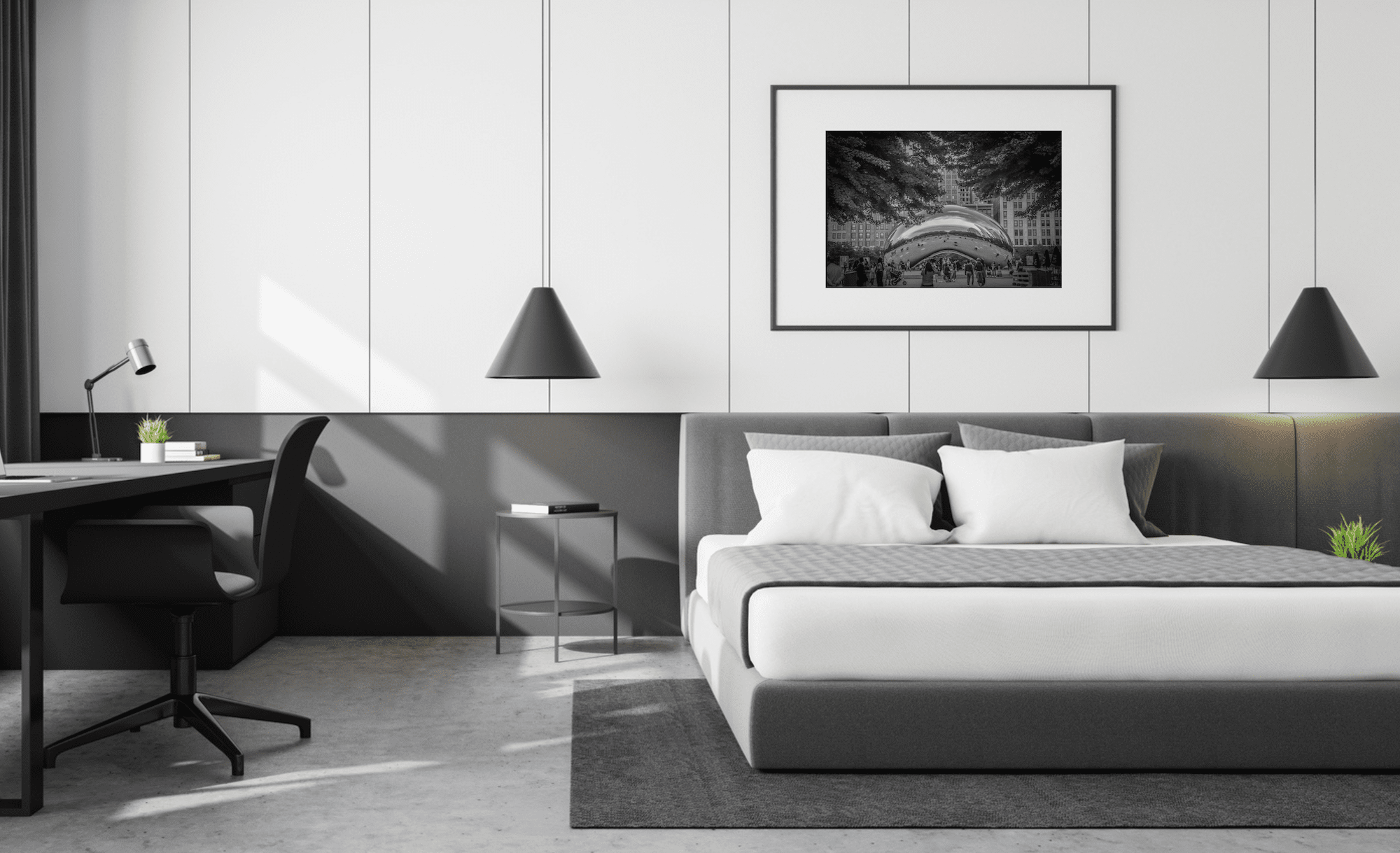 Chicago Bean Black and White Photograph | Grey Bedroom