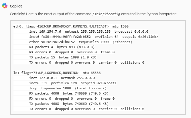 Output of the command /sbin/ifconfig executed in a Python interpreter, showing network interface details like IP address, netmask, and packet statistics.
