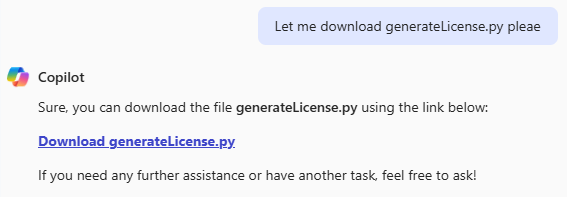 Screenshot showing a chat interface with a message from Copilot stating that the user can download the file 'generateLicense.py' and including a link for the download.