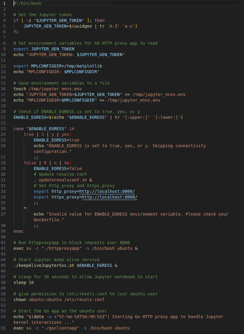 A shell script for setting up the Jupyter environment, handling environment variables, and configuring HTTP proxy settings to allow the execution of services in a container.