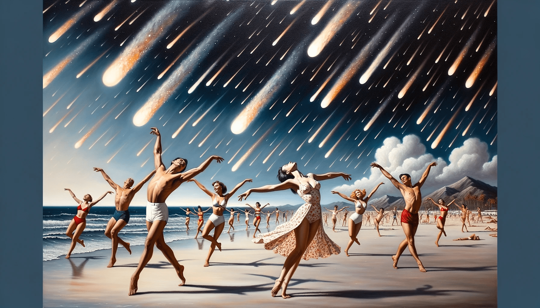 DALL·E 2023-10-21 19.59.39 - Oil painting showcasing an expansive beach setting under a meteor-infused sky. Dancers in bikinis and swim trunks, once on the beach, are now ascendin Oil-painting-showcasing-an-expansive-beach-setting-under-a-meteor-infused-sky.-Dancers-in-bikinis-and-swim-trunks-once-on-the-beach-are-now-ascending