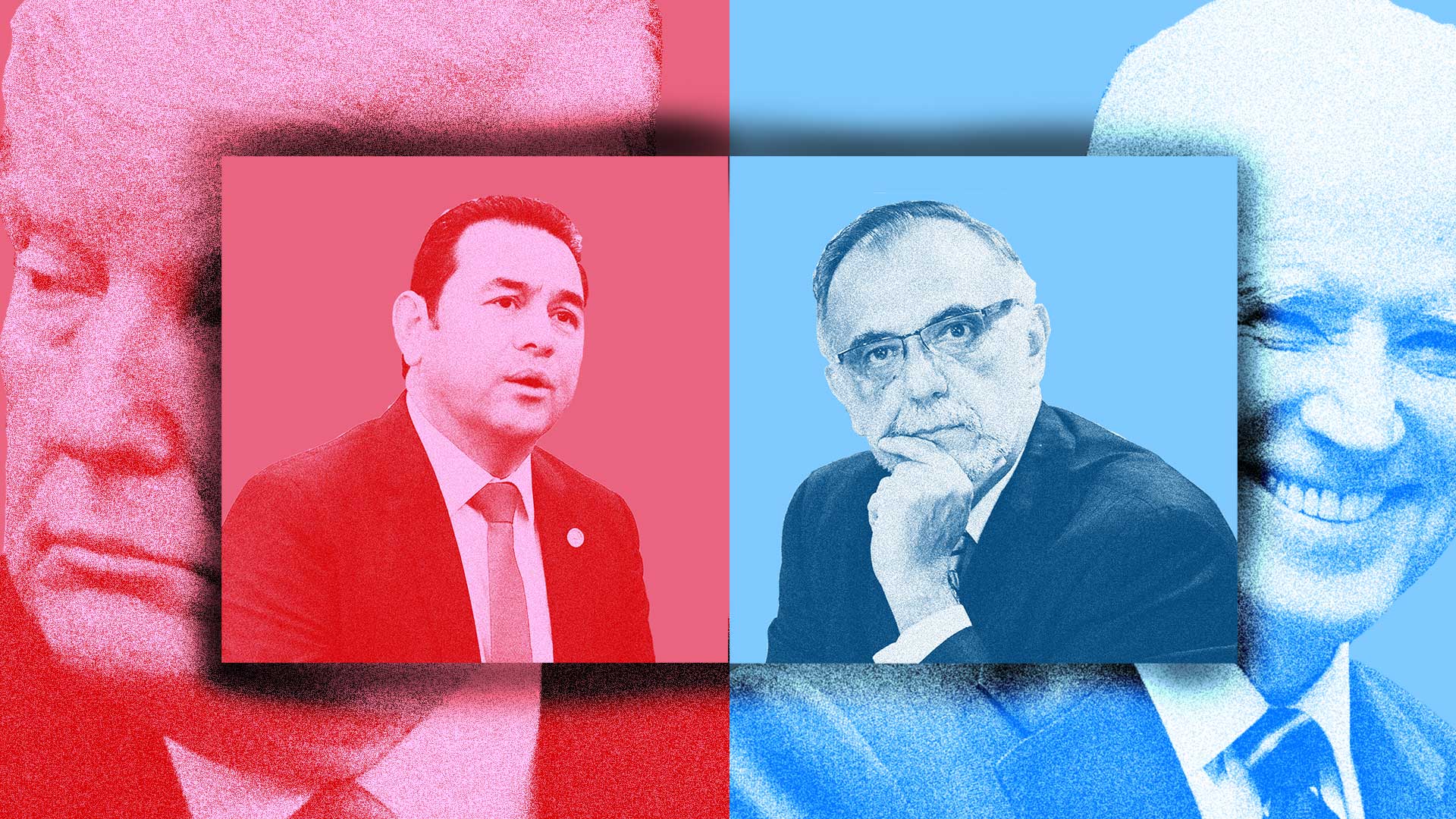 Photo illustration of a split image, with Jimmy Morales and Donald Trump in the background on the left side and Ivan Velasquez and Joe Biden on the right side. The left side has a red overlay and the right side has a blue overlay.