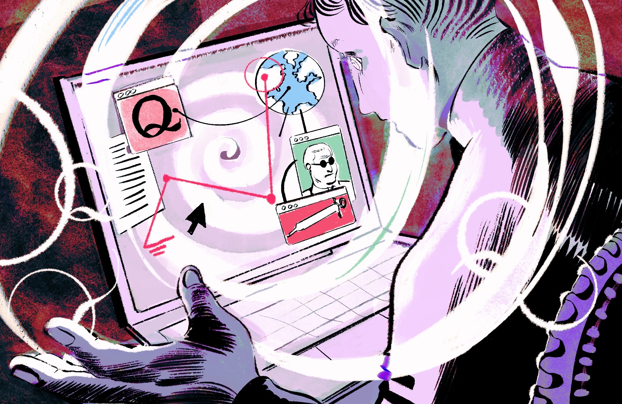 An illustration shows a computer surrounded by a swirling vortex. On the screen is the logo for QAnon, a syringe, and a portrait of Roger Stone