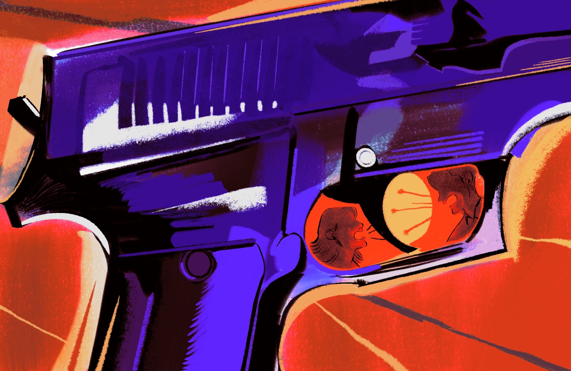 An illustration shows a detail of a gun. In the trigger, a man and a woman are arguing.