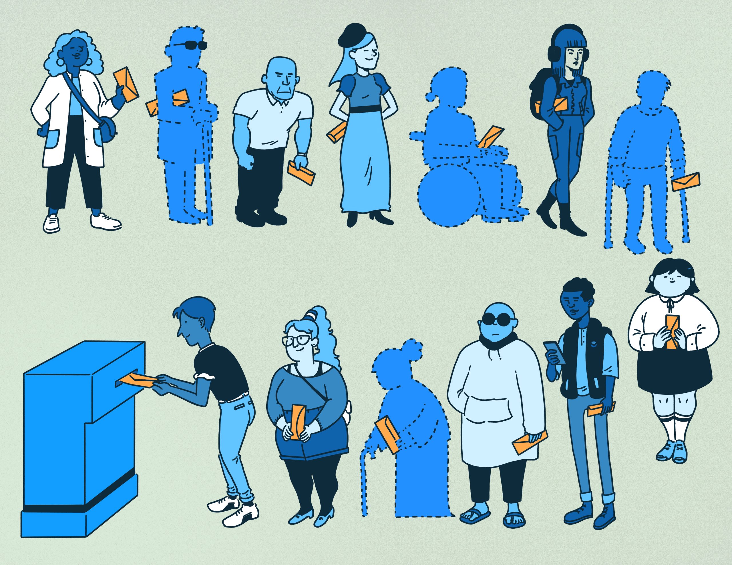 An illustration depicts a variety of people waiting in line to deposit ballots in a drop box. Some people appear only as dotted outlines.