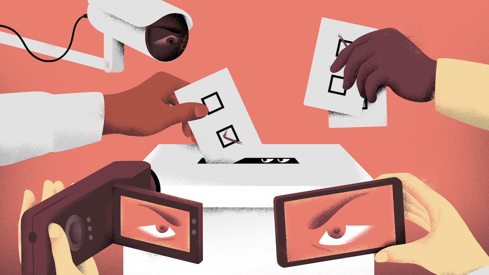 An illustration shows people depositing ballots in a box as sinister eyes watch them from various cameras