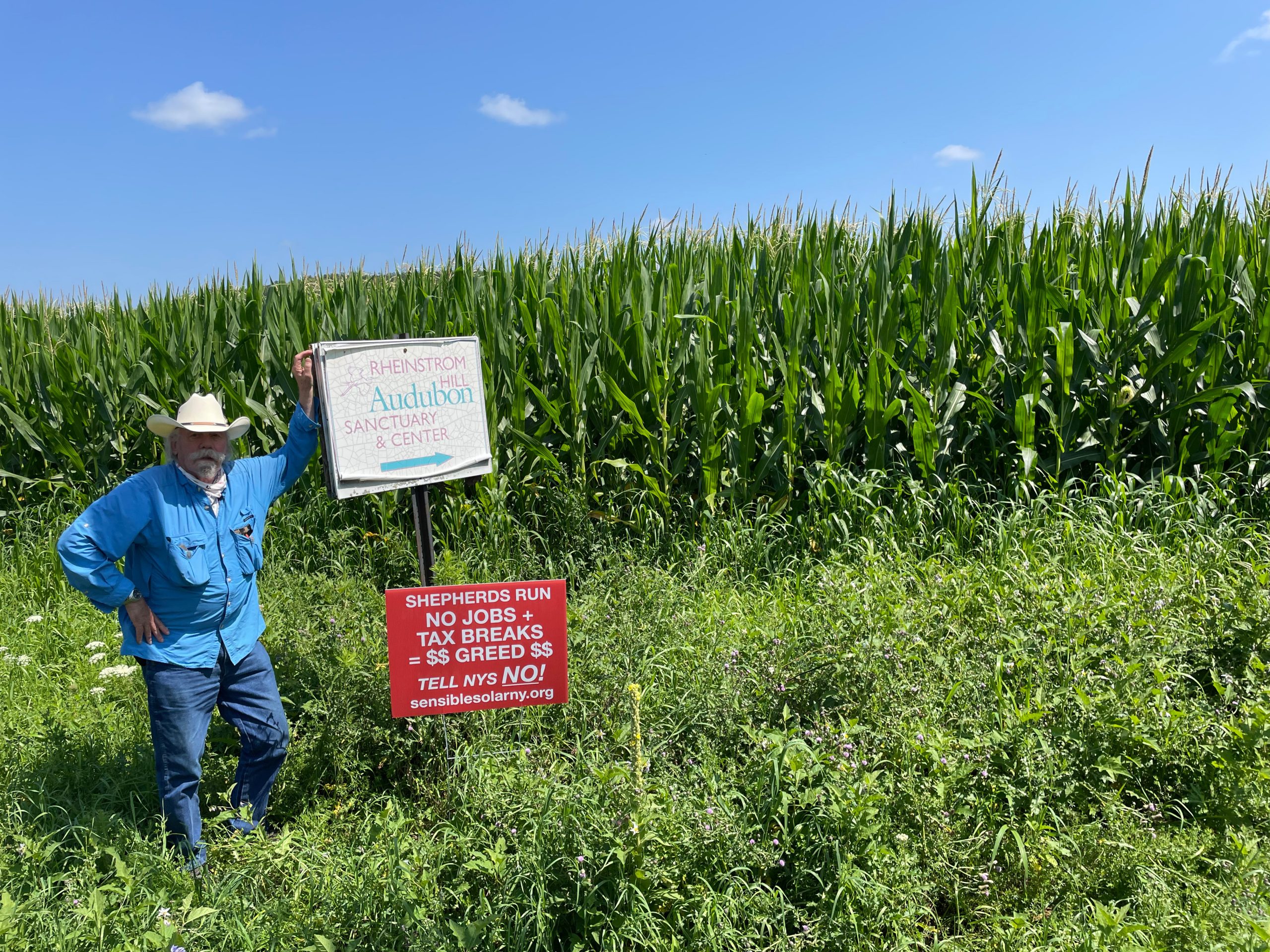 Bill Newcomb stands at the edge of a field of corn. Beside him are two signs. One reads: "Rheinstrom Hill Audubon Sanctuary and Center." The other reads: "Shepherd's Run: No jobs + tax breaks = greed. Tell NYS no!"