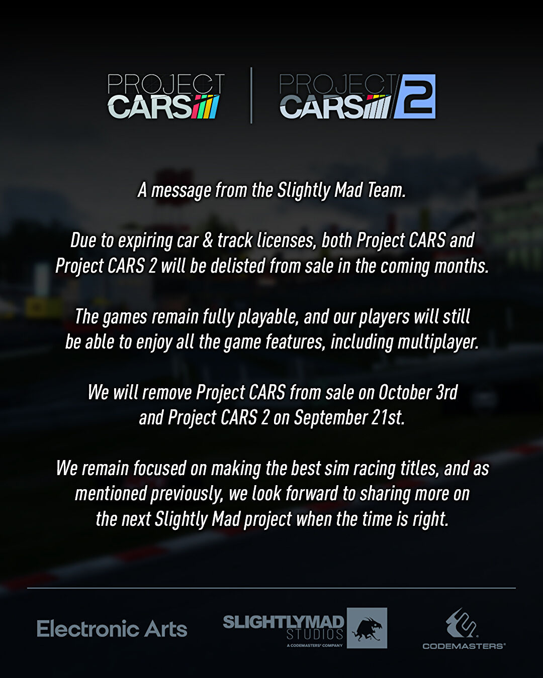 Project CARS et Project CARS 2 vers l'adieu : ils seront retirés des magasins à partir du mois prochain