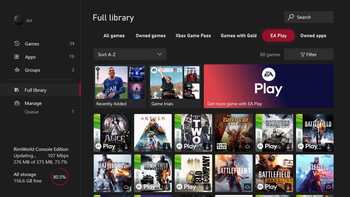 Xbox Full Games & Apps library, redesigned as of August 2022