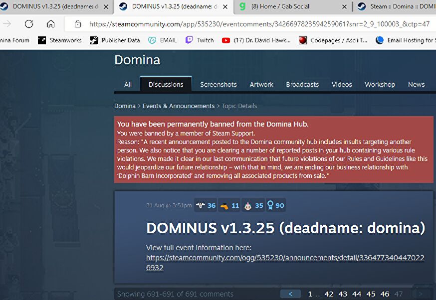 Domina retirée de Steam après des messages transphobes publiés par l'équipe de développement