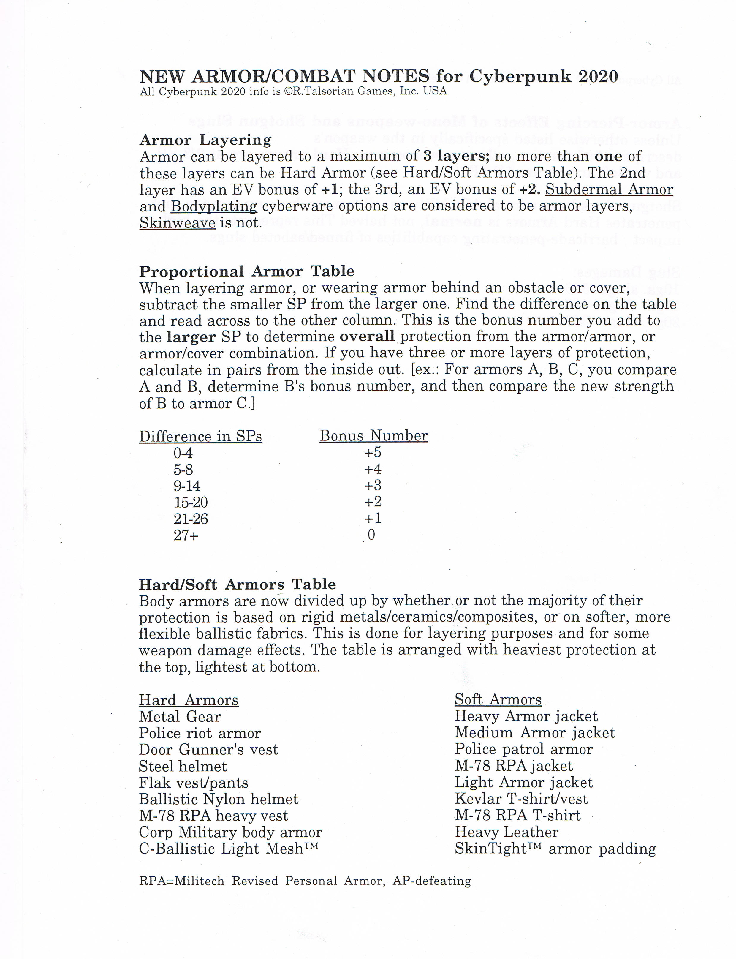 Armor and Combat for Cyberpunk