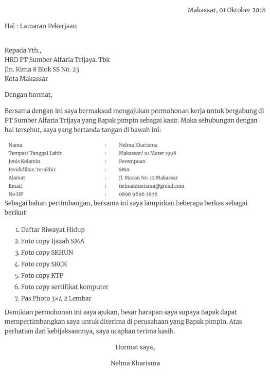 Contoh Surat Lamaran Kerja Alfamart Lombok Ceritaanayza