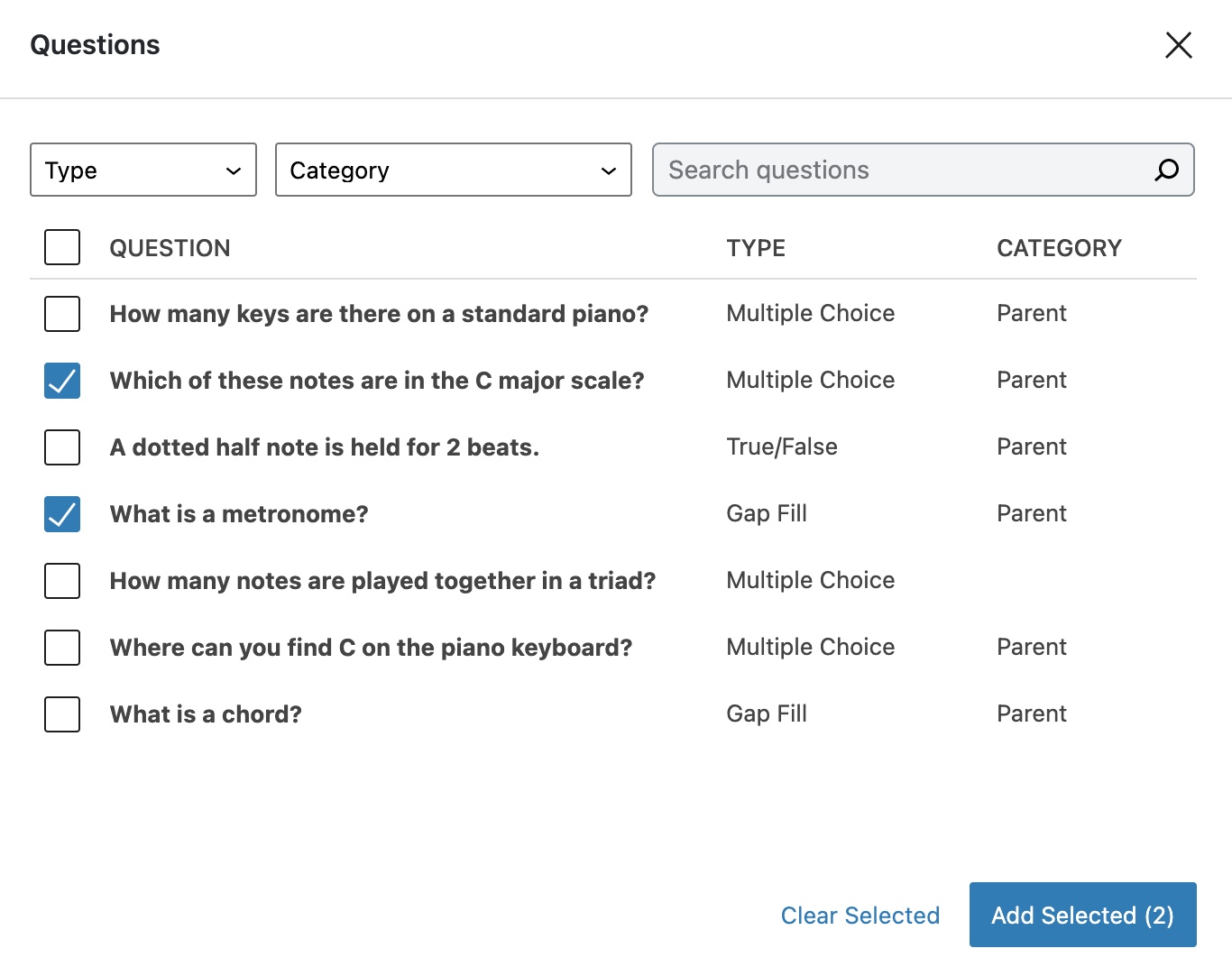 Quiz block - Existing question