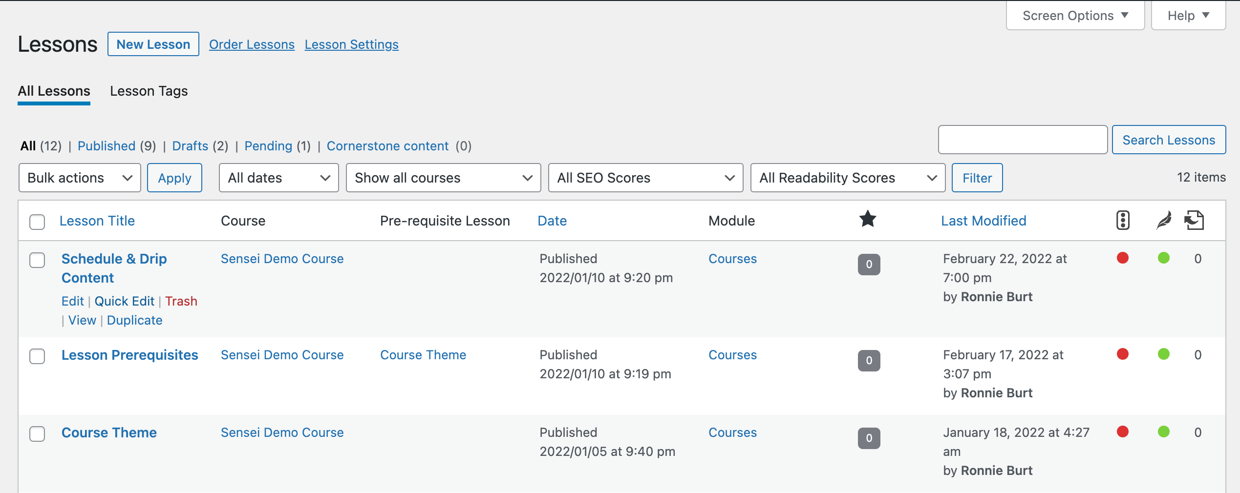 Screenshot of the Lessons page showing the Quick Edit link.