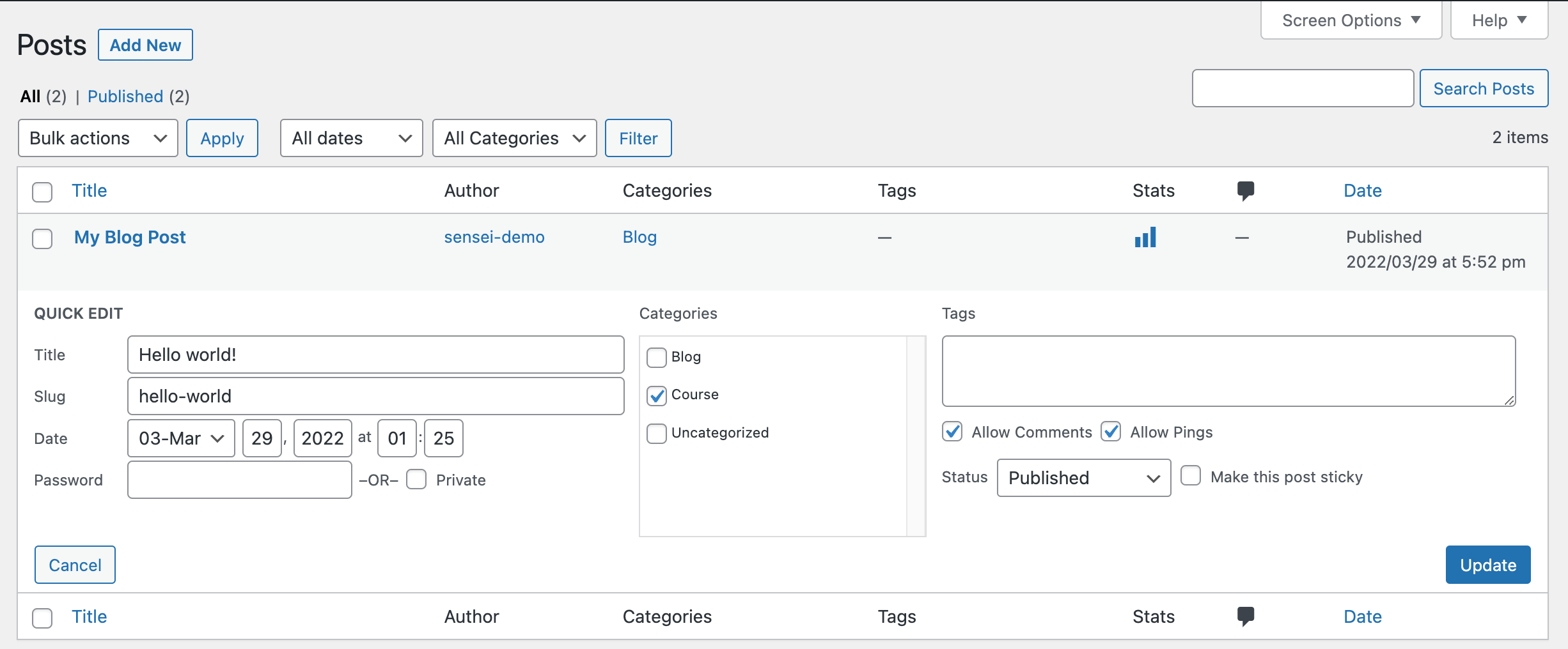Screenshot of the Posts screen in WordPress, showing how to use bulk actions to edit the category.