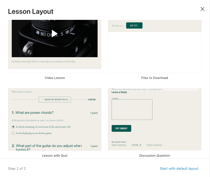 Choosing the lesson layout in Sensei