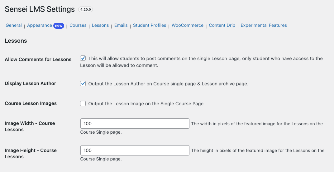 Sensei lesson settings