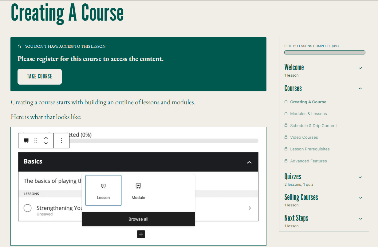 Creating a course with Sensei is simple with its easy-to-use course builder.