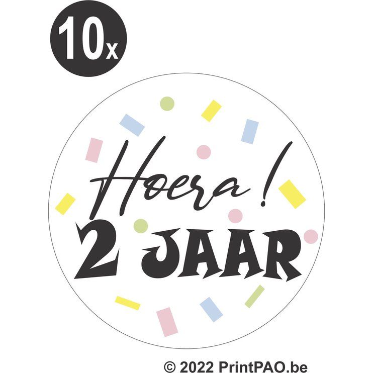 sticker hoera 2 jaar, 5cm, rond, autocollant