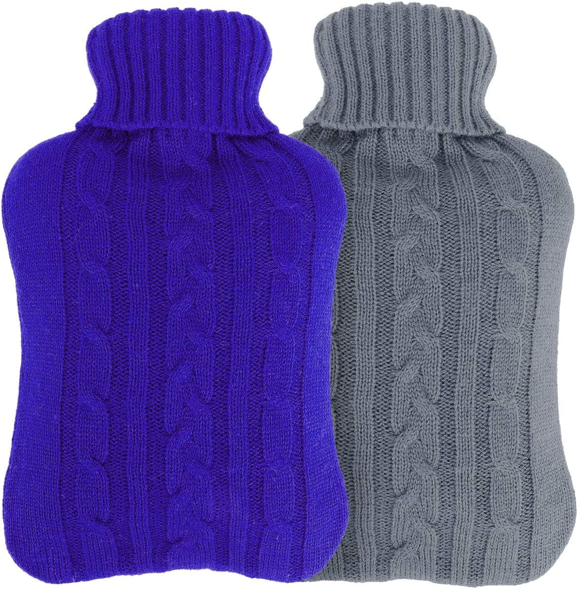 Bouillotte Thermoplastique Antifuite avec Housse Tricotée, 2L ( grise + bleue), deux pièces