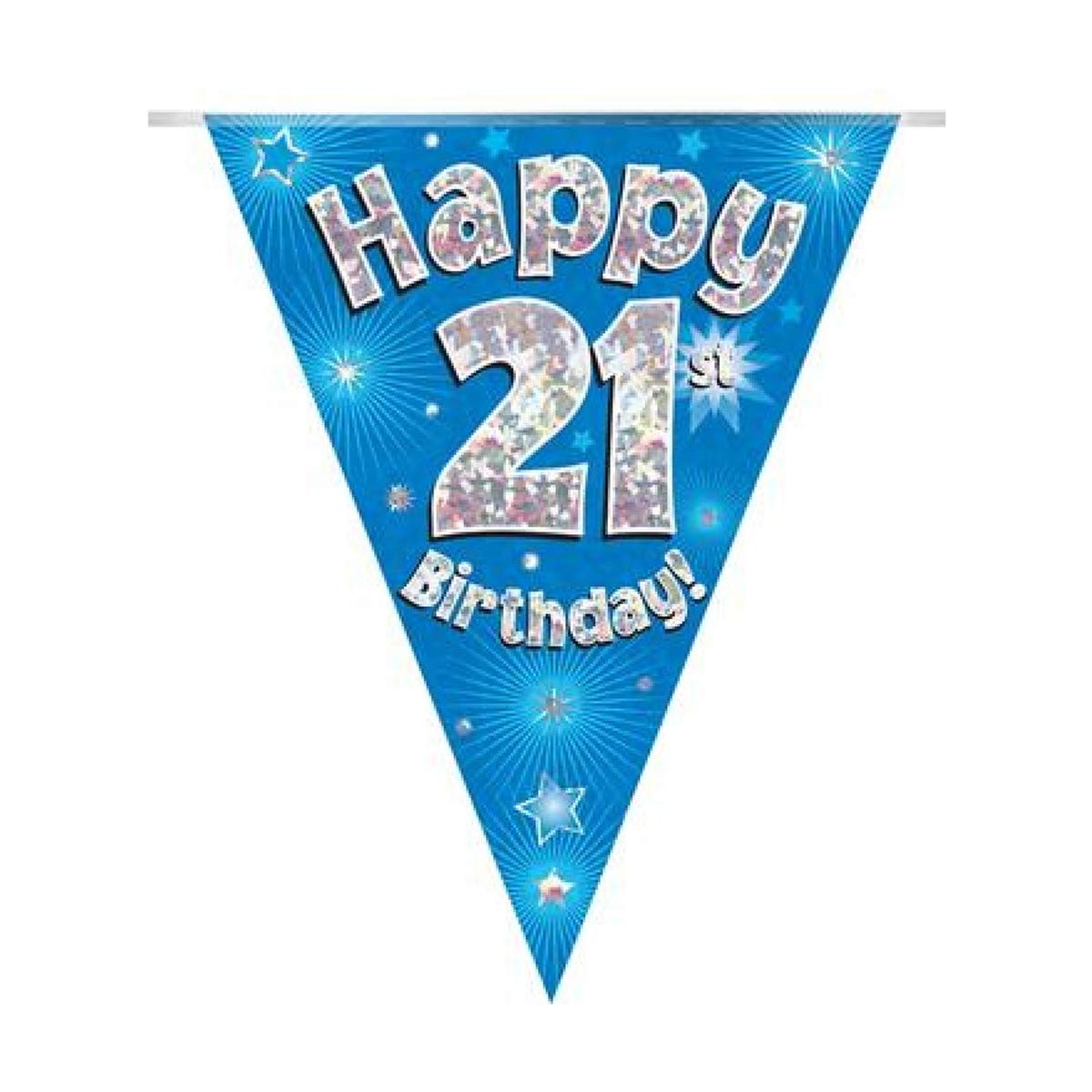 Guirlande de fanions holographiques « Happy 21st Birthday » Bleu 3,9 m de long