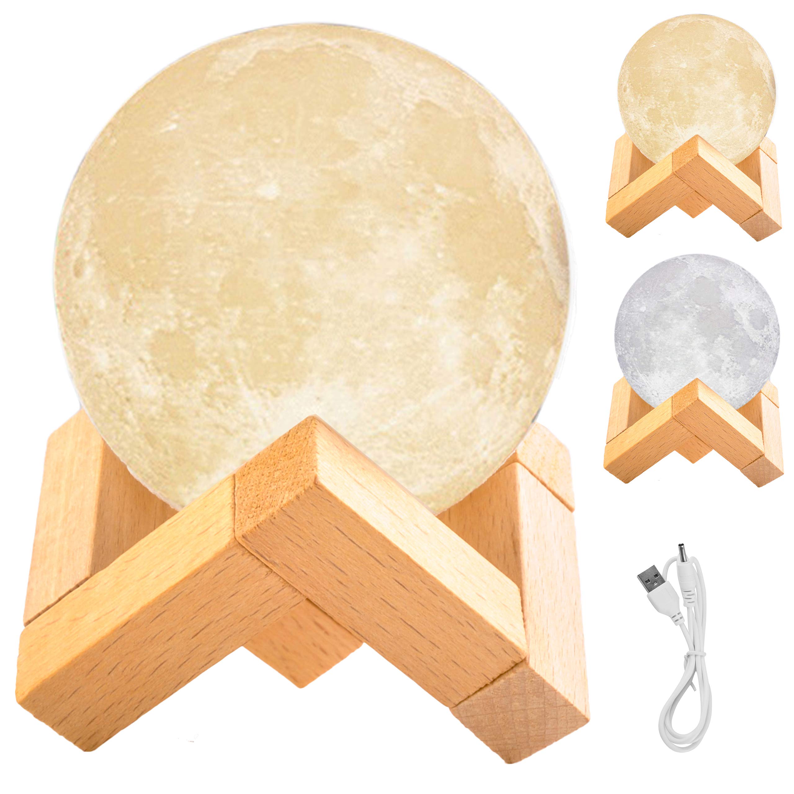 Lampe lune 3D , 8cm,  avec support en bois = 12cm