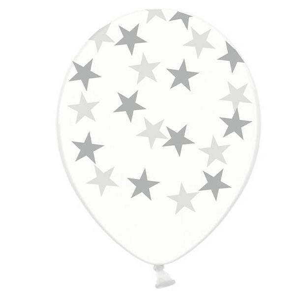 6 x  ballons 30cm en latex transparent étoiles argentées